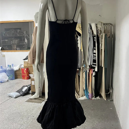 Load image into Gallery viewer, Spaghetti Strap Knit Fishtail Dress For Women Gown Black Sleeveless Backless Bodycon High Waist Sexy Long Dress Elegant
