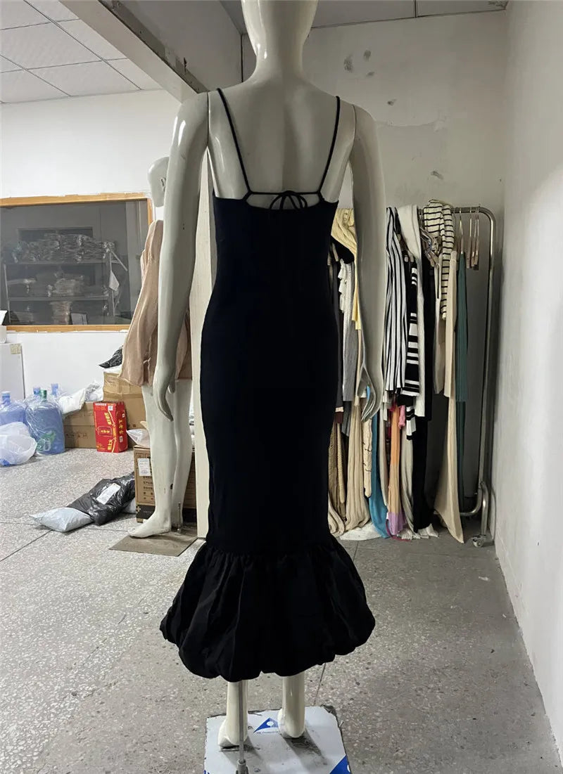 Spaghetti Strap Knit Fishtail Dress For Women Gown Black Sleeveless Backless Bodycon High Waist Sexy Long Dress Elegant