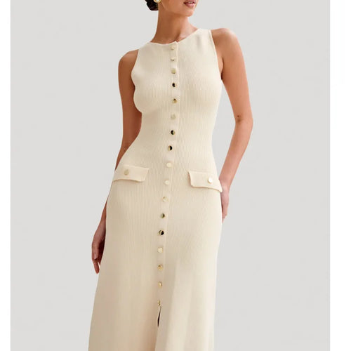 Load image into Gallery viewer, Elegant Sleeveless Sweater Knitted Button Long Dress Women Split Fit Fashion Street Female Vesidos 2024 Summer New Dress
