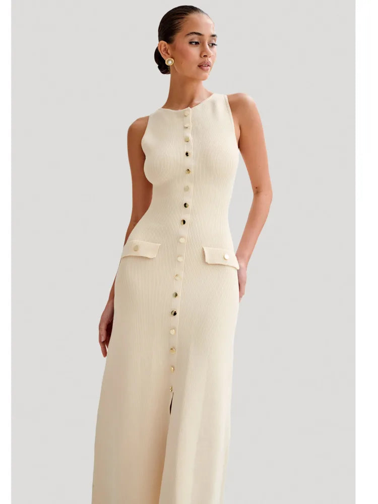 Elegant Sleeveless Sweater Knitted Button Long Dress Women Split Fit Fashion Street Female Vesidos 2024 Summer New Dress