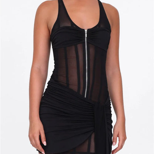 Load image into Gallery viewer, Black See Through Mesh Ruched Sexy Mini Dress For Women Robe Summer New Zipper Sleeveless Skinny Draped Club Dress

