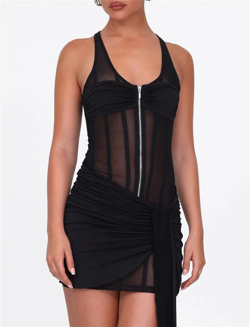 Black See Through Mesh Ruched Sexy Mini Dress For Women Robe Summer New Zipper Sleeveless Skinny Draped Club Dress