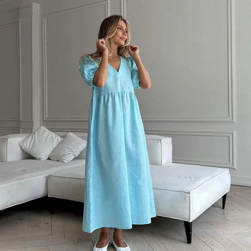 Load image into Gallery viewer, Short Puff Sleeve Maxi Dress For Women Fashion Autumn New Blue V Neck Loose Basic Casual Long Dress Elegant Gown
