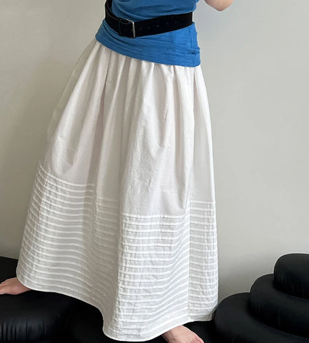 High Elastic Waist White Striped Pleated Midi A-line Half-body Skirt Women Fashion Tide New Spring Autumn 2025 1DJ1423