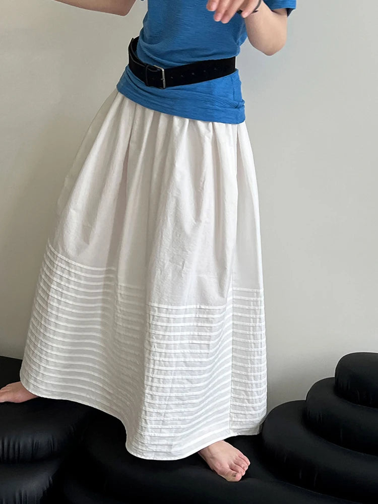 High Elastic Waist White Striped Pleated Midi A-line Half-body Skirt Women Fashion Tide New Spring Autumn 2025 1DJ1423