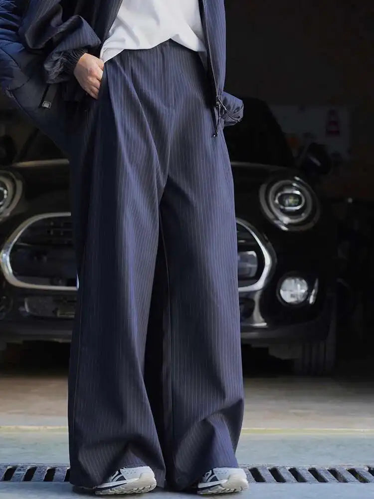 Navy Blue Striped Drawstring Big Size Jacket New Stand Collar Long Sleeve Women Coat Fashion Spring Autumn 2025 1DH7261