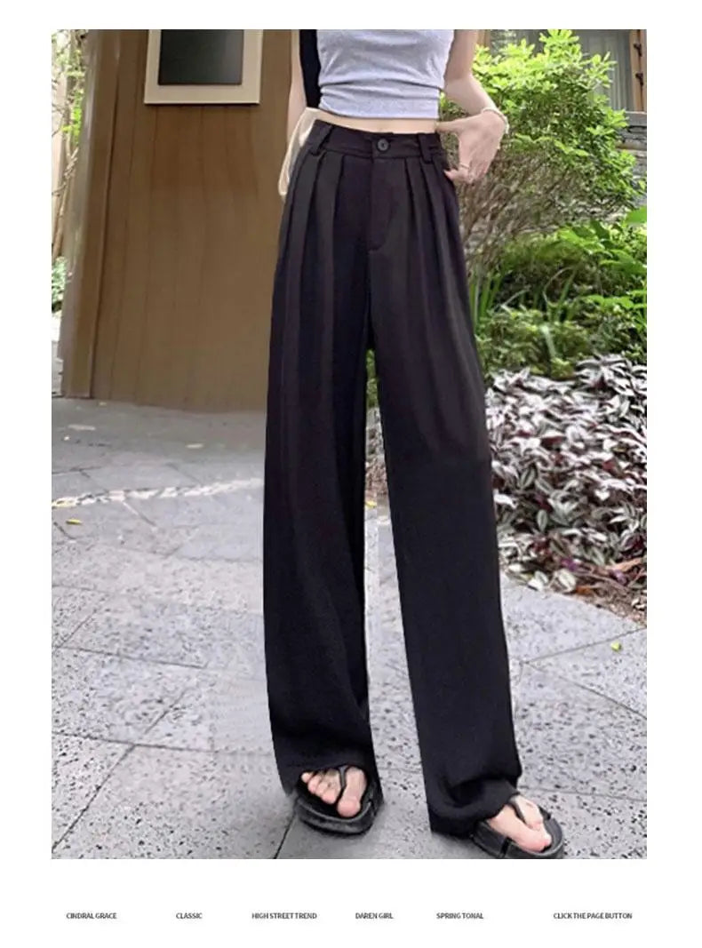 Fashion Solid Button Versatile Wide Leg Long Pant Women's Spring Summer High Waist Baggy straight Pleated Trousers Streetwear