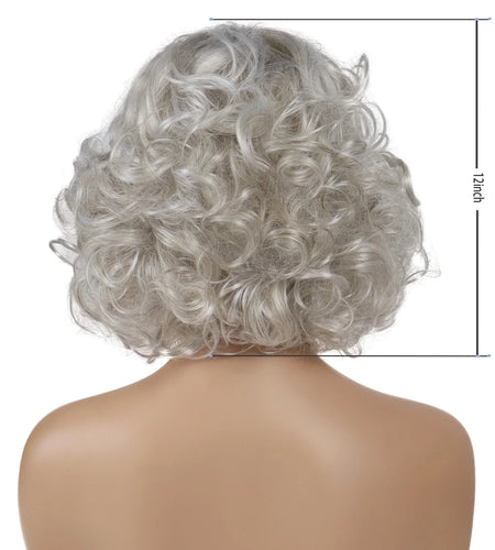 Synthetic Grey Curly Wigs for Women Short Wavy Hairstyles Mommy Wigs with Bangs Thick Fluffy Curls Paula Wigs Costume