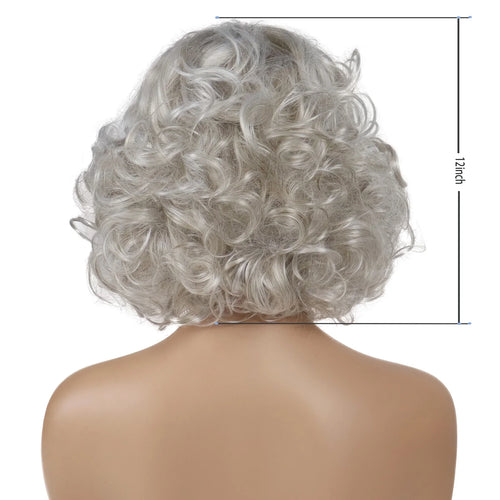 Load image into Gallery viewer, Synthetic Grey Curly Wigs for Women Short Wavy Hairstyles Mommy Wigs with Bangs Thick Fluffy Curls Paula Wigs Costume
