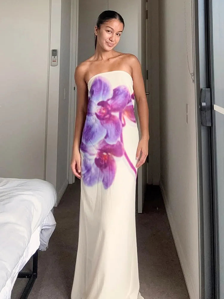 Floral Print Strapless Sexy Maxi Dress For Women Gown Off-shoulder Backless Sleeveless Elegant Long Dress Fashion