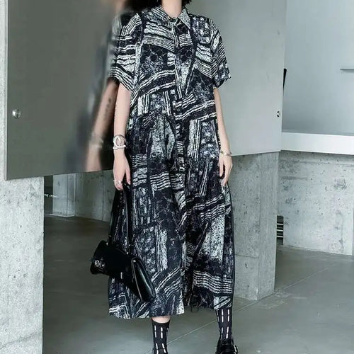 Load image into Gallery viewer, Women Black Pattern Printed Big Size Mesh Midi Shirt Dress New Lapel Short Sleeve Fashion Tide Spring Summer 2025 1DJ0636
