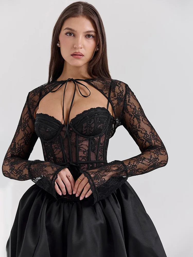 Sexy Lace Patchwork Hollow Out Women Dress Elegant Long Sleeved Bodycon Party Evening Dress Autumn / Winter New Vestido