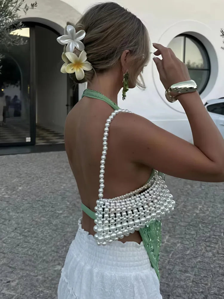 Glitter Deep V Neck Sexy Tank Tops Women Vest Pullovers Summer New Sparkle Backless Cropped Tops Elegant Beach Tops