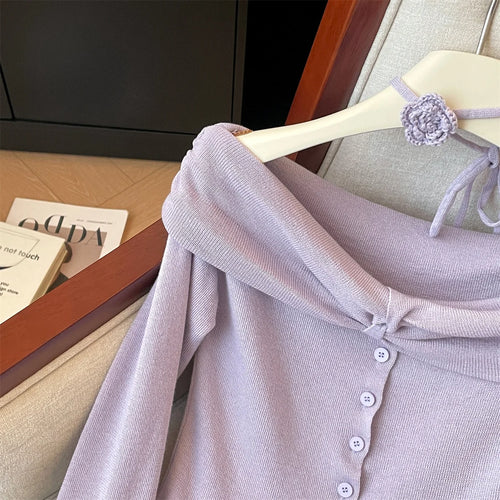 Load image into Gallery viewer, Spring Women&#39;s Purple Blue Off Shoulder Festival Irregular Cardigan Sweater Korean Fashion Beige Single Breasted Short Knit Tops
