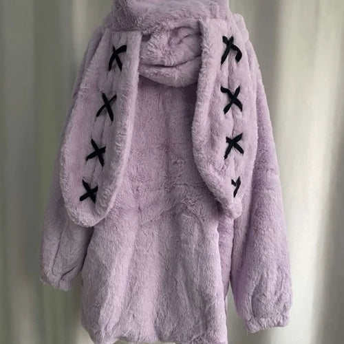 Load image into Gallery viewer, 2025 Winter Clothing Women Jackets Harajuku Rabbit Ears Punk Black Coats Thicked Furry Zipper Oversized Y2k Tops Ropa Mujer
