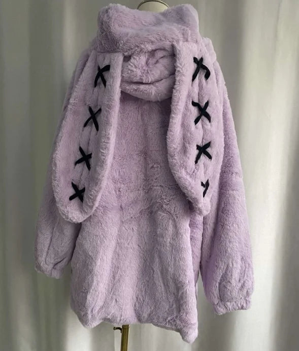 2025 Winter Clothing Women Jackets Harajuku Rabbit Ears Punk Black Coats Thicked Furry Zipper Oversized Y2k Tops Ropa Mujer