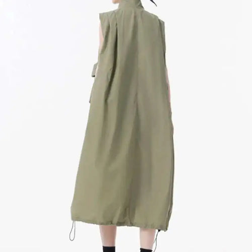Load image into Gallery viewer, Women Green Pocket Hem Drawstring Big Size Vest Dress New Stand Collar Sleeveless Fashion Tide Spring Autumn 2025 1DJ0147
