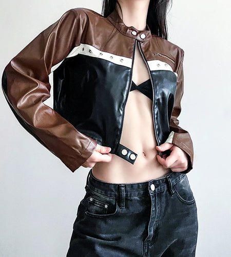 Moto&Biker Style Punk Autumn Zip Up Jacket Women Patchwork Harajuku PU Leather Coat Crop Contrast Color Retro Outwear
