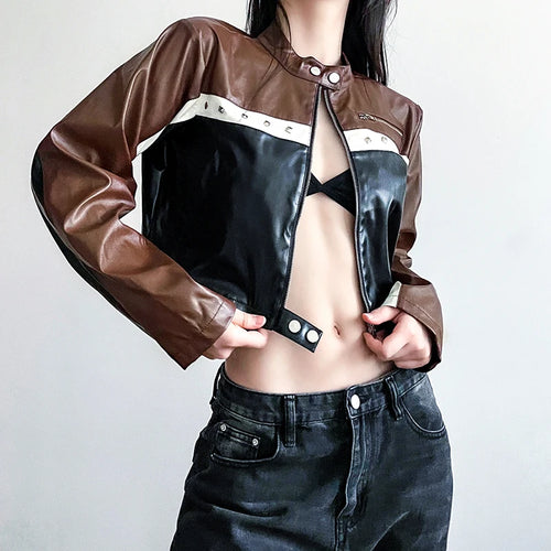 Load image into Gallery viewer, Moto&amp;Biker Style Punk Autumn Zip Up Jacket Women Patchwork Harajuku PU Leather Coat Crop Contrast Color Retro Outwear
