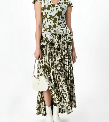 Printing Spliced Bead Fashion Long Dresses for Women V Neck Short Sleeves Patchwork Folds Dress Female Clothing New