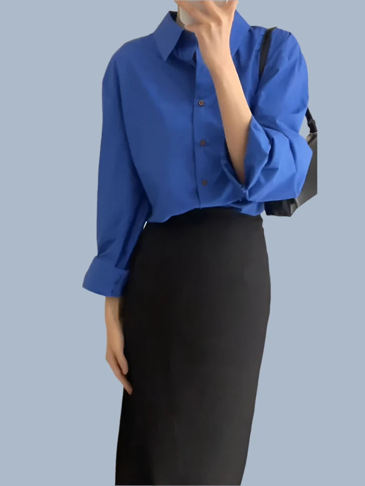 French Style Blue Women Shirt Solid Color Batwing Sleeve Single Breasted Polo Neck Fashion Chic Elegant Female Shirts