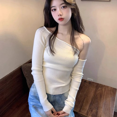 Load image into Gallery viewer, Harajuku Skew Collar Slim Fit T-shirts 2025 Spring Streetwear White Knitted Grunge Tops Women Sexy Y2k Aesthetic Cropped Tees
