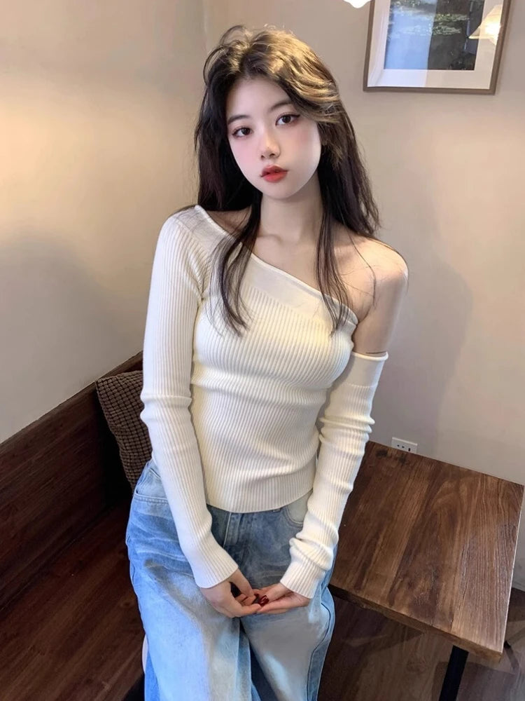 Harajuku Skew Collar Slim Fit T-shirts 2025 Spring Streetwear White Knitted Grunge Tops Women Sexy Y2k Aesthetic Cropped Tees