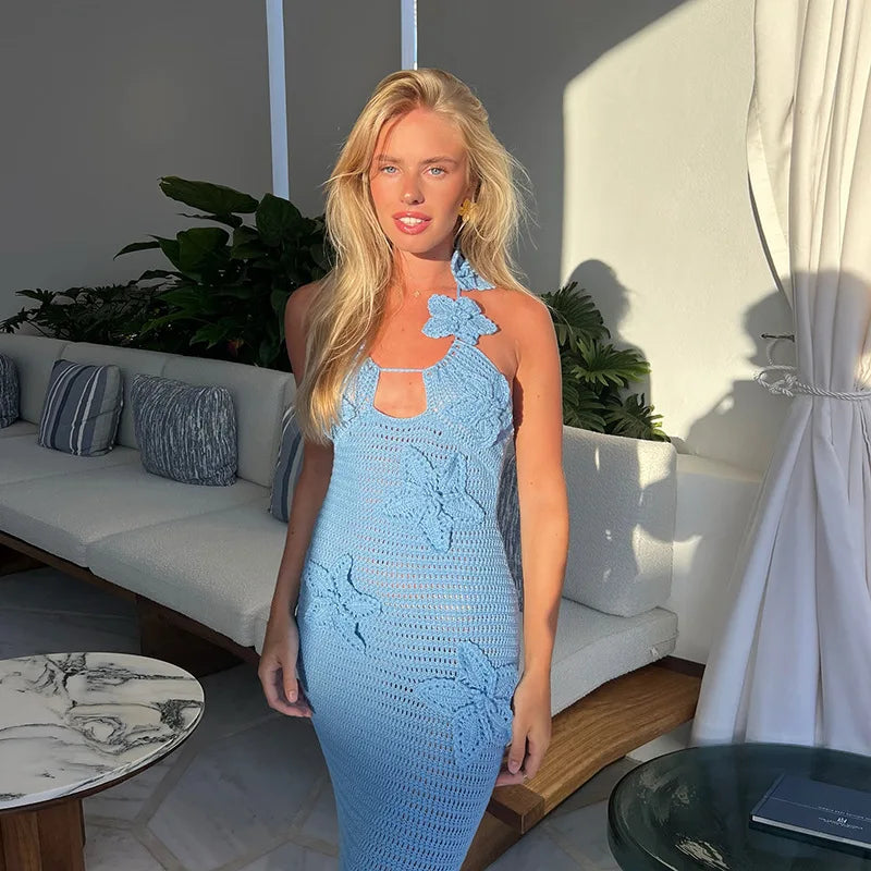 See Through Crochet Floral Knit Sexy Maxi Dress For Women Halter Sleeveless Backless Party Long Dress Beachwear New