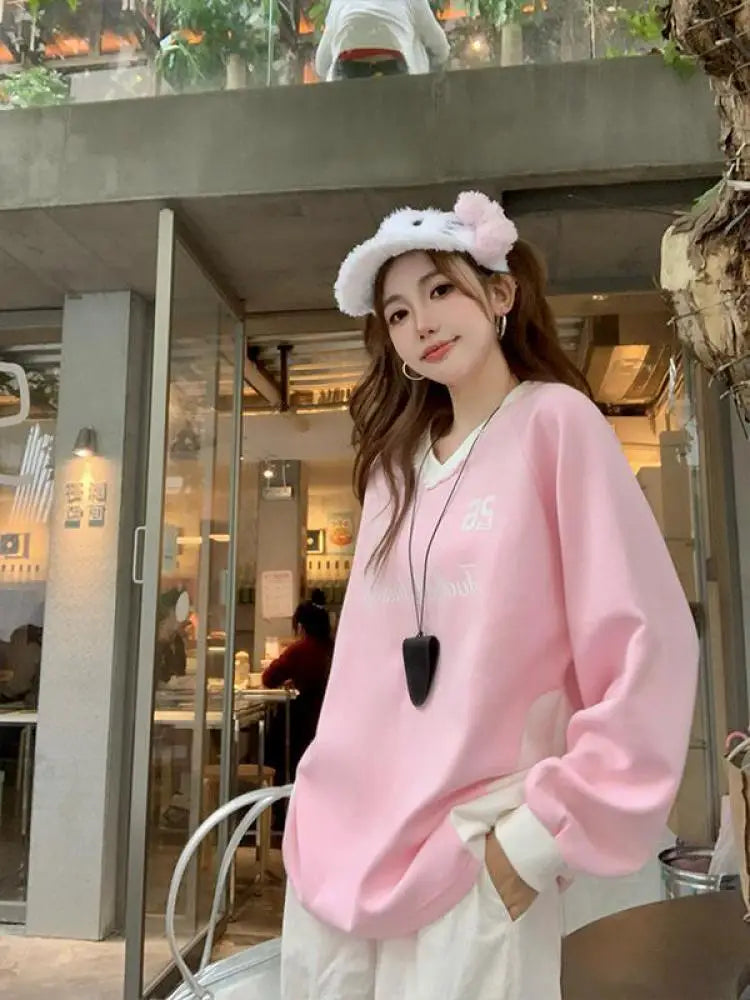 Autumn Winter 2025 Blue Patchwork Elegant Pullover Fashion Short Sweatshirt Women Pink Letter Print V Neck Long Sleeve Tops Chic