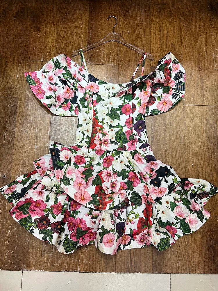 Colorblock Floral Printing Sexy Mini Dresses For Women Square Collar Sleeveless Backless Slimming Dress Female Fashion New
