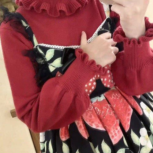 Load image into Gallery viewer, Kawaii Ruffle High Collar Sweater Women Japanese Vintage Soft Girl Lantern Sleeve Cute Lolita Knitted Jumper Pullover
