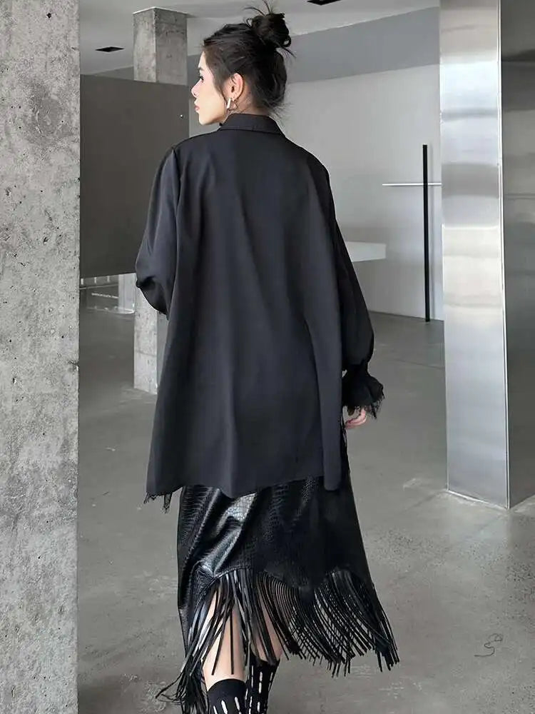 Women White Lace Perspective Big Size Long Blouse New Lapel Long Sleeve Shirt Fashion Tide Spring Autumn 2025 1DH9131