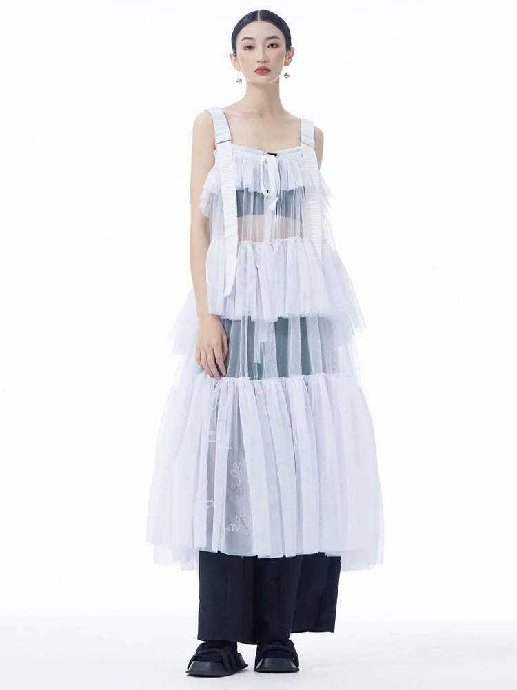 Women Black Mesh Perspective Big Size Strap Dress New Square Collar Sleeveless Fashion Tide Spring Summer 2025 1DJ1242