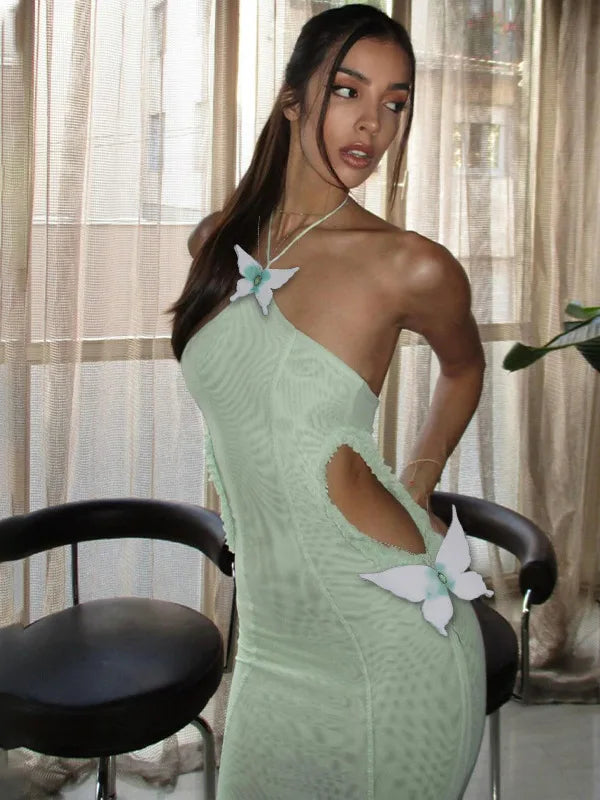 Sexy Sleeveless Hanging Zero Hollow Out  Bow Slim Dress For Women Elegant Bodycon Backless Fishtail 2025 Party Vestidos