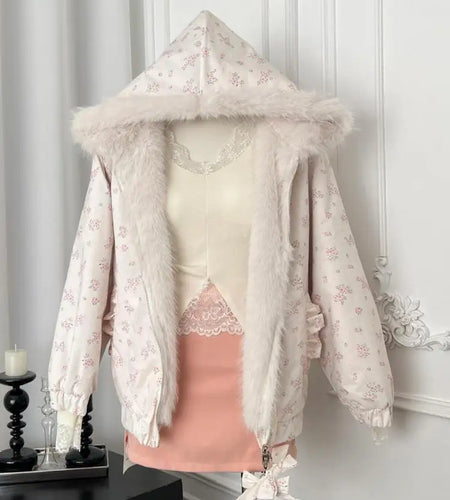 Korean Fashion Women's White Print Hooded Long Sleeved Elegant Short Cotton Coat Autumn Winter Warm Zipper Hairy Jacket Tops New