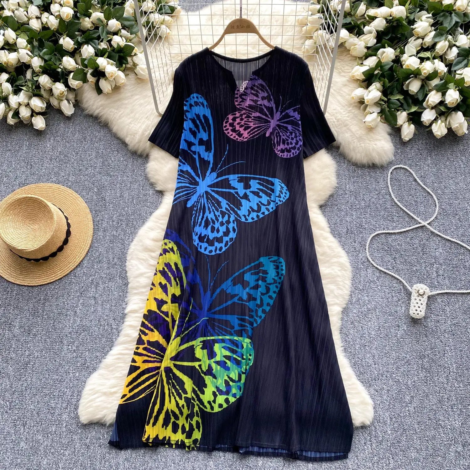 French Retro Women Black Butterfly V Neck Short Sleeved Long Dress Summer White Print Elegant Loose Vacation Pleated Dress Trend