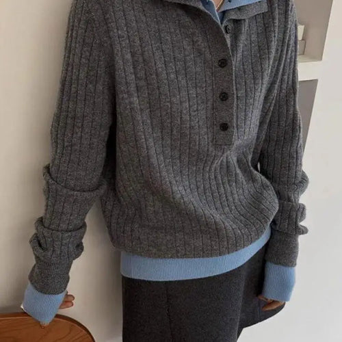 Load image into Gallery viewer, Autumn Winter Black Patchwork Long Sleeve Knit Pullovers Tops Vintage Women Grey Single Breasted Sweater Trend Streetwear Casual
