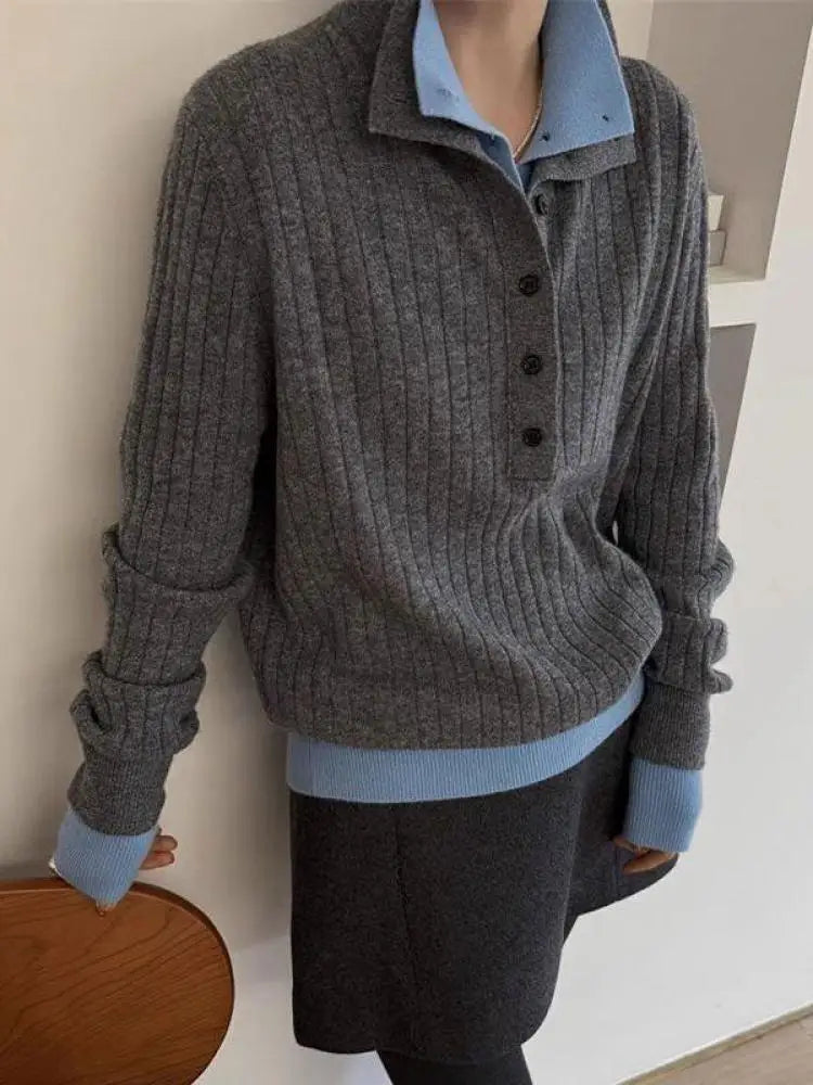 Autumn Winter Black Patchwork Long Sleeve Knit Pullovers Tops Vintage Women Grey Single Breasted Sweater Trend Streetwear Casual