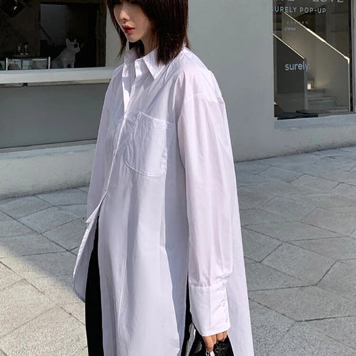 Load image into Gallery viewer, Solid Minimalist Blouses For Women Lapel Long Sleeve Patchwork Pocket Irregular Casual Shirt Female Clothing
