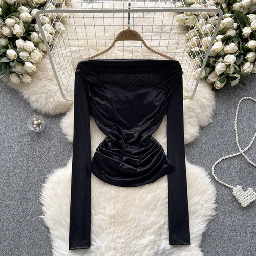 Load image into Gallery viewer, Solid Sexy Off Shoulder Long Sleeve Bright Pleated Tops Women's Autumn 2023 New Elegant Slim Versatile Bottom Shirt Trend Simple
