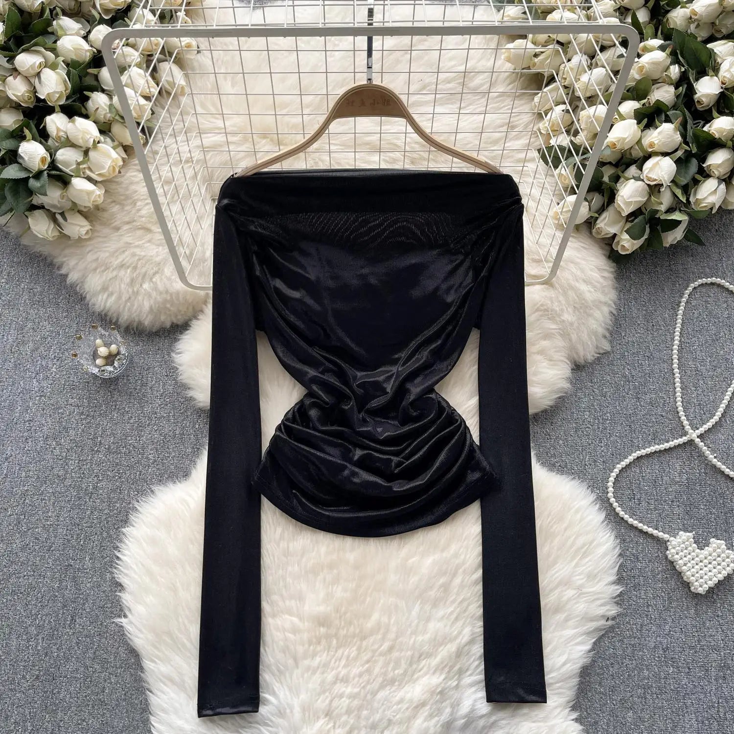 Solid Sexy Off Shoulder Long Sleeve Bright Pleated Tops Women's Autumn 2023 New Elegant Slim Versatile Bottom Shirt Trend Simple