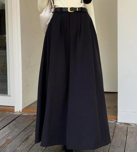 Autumn Black Pockets Long Skirt Women With Belt 2023 Fashion Korean Ladies High Waist Pleated A-line Grey Suit Skirt Female Chic