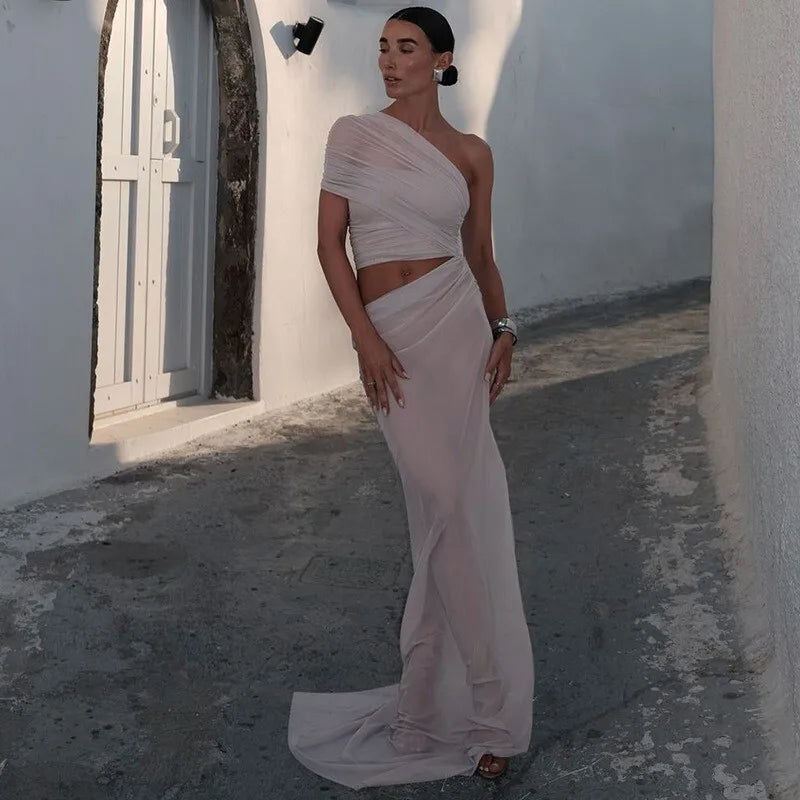 Mesh Hollow Out Backless Sexy Maxi Dress For Women Fashion One Sleeveless See Through Ruched Bodycon Club Long Dress