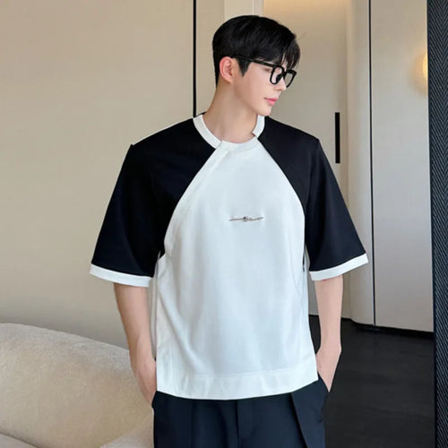 Load image into Gallery viewer, Summer Men&#39;s Casual T-shirts Loose Round Neck Short Sleeve Patchwork Metal Irregular Design Contrast Color 9C6289
