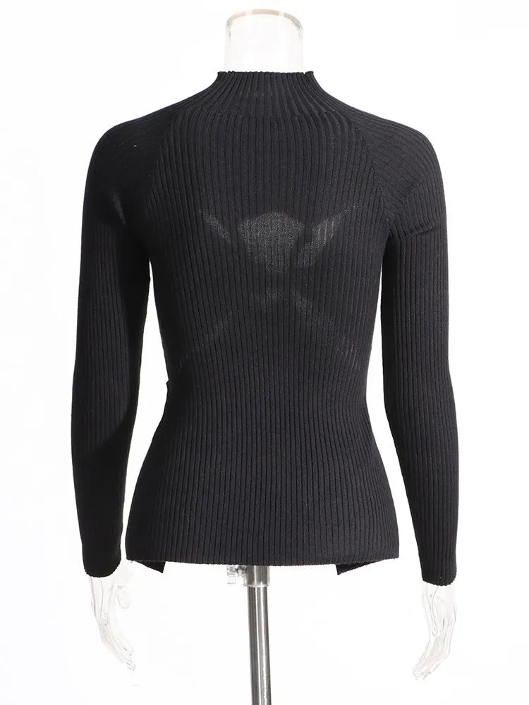 Crisscross Hollow Out Knitting Sweaters For Women Stand Collar Long Sleeve Slimming Casual Temperament Sweater Female