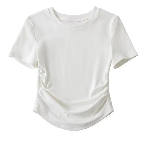 Load image into Gallery viewer, 2024 Harajuku Women Crew Neck Short Sleeve Cotton Tee With Ruched Sides Detail T-shirts
