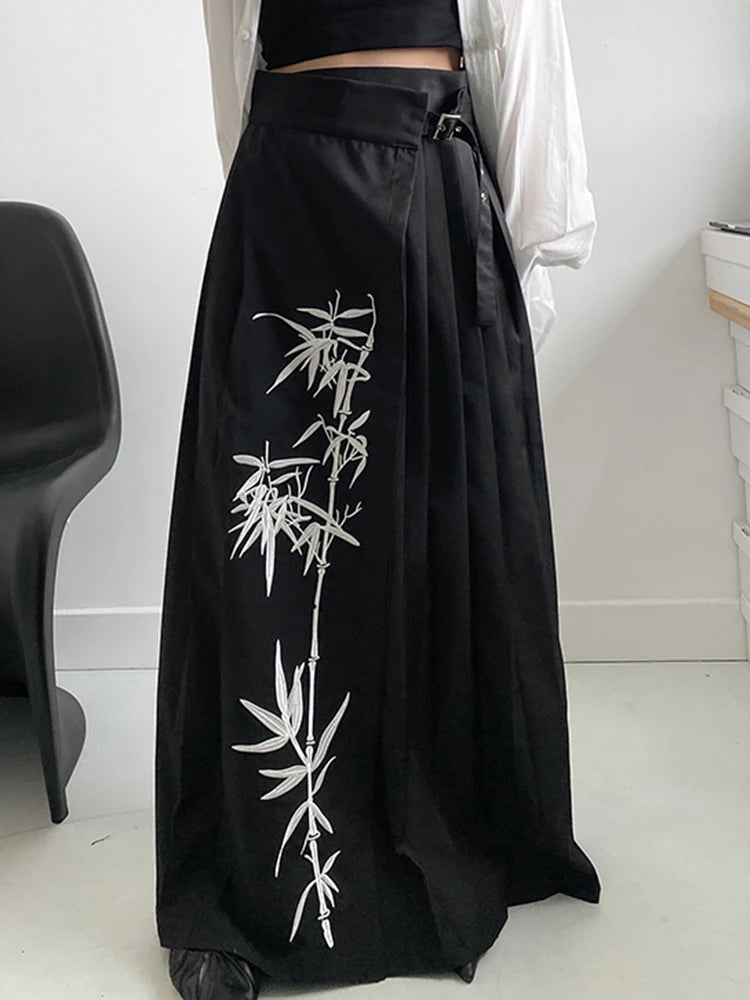 High Waist Black Printed Pleated Bandage Long Elegant Half-body Skirt Women Fashion Tide New Spring Autumn 2025 1DH0423