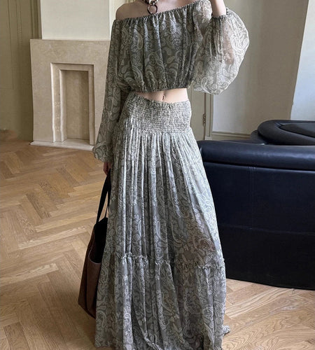 Printing Sheer Spliced Folds Two Piece Sets for Women Slash Neck Long Sleeves T Shirt High Waist Skirt Set Female