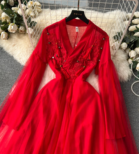 Autumn Red Elegant V-neck Sleeveless Embroidery Tassel Mesh Prom Long Dress Women Vacation Water Sleeve Evening Dresses Vintage