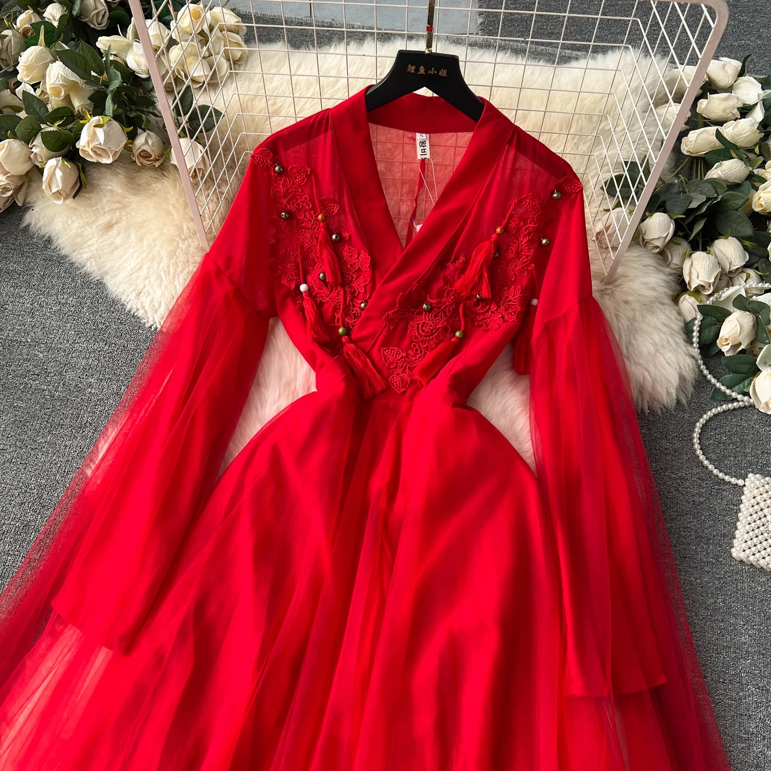Autumn Red Elegant V-neck Sleeveless Embroidery Tassel Mesh Prom Long Dress Women Vacation Water Sleeve Evening Dresses Vintage